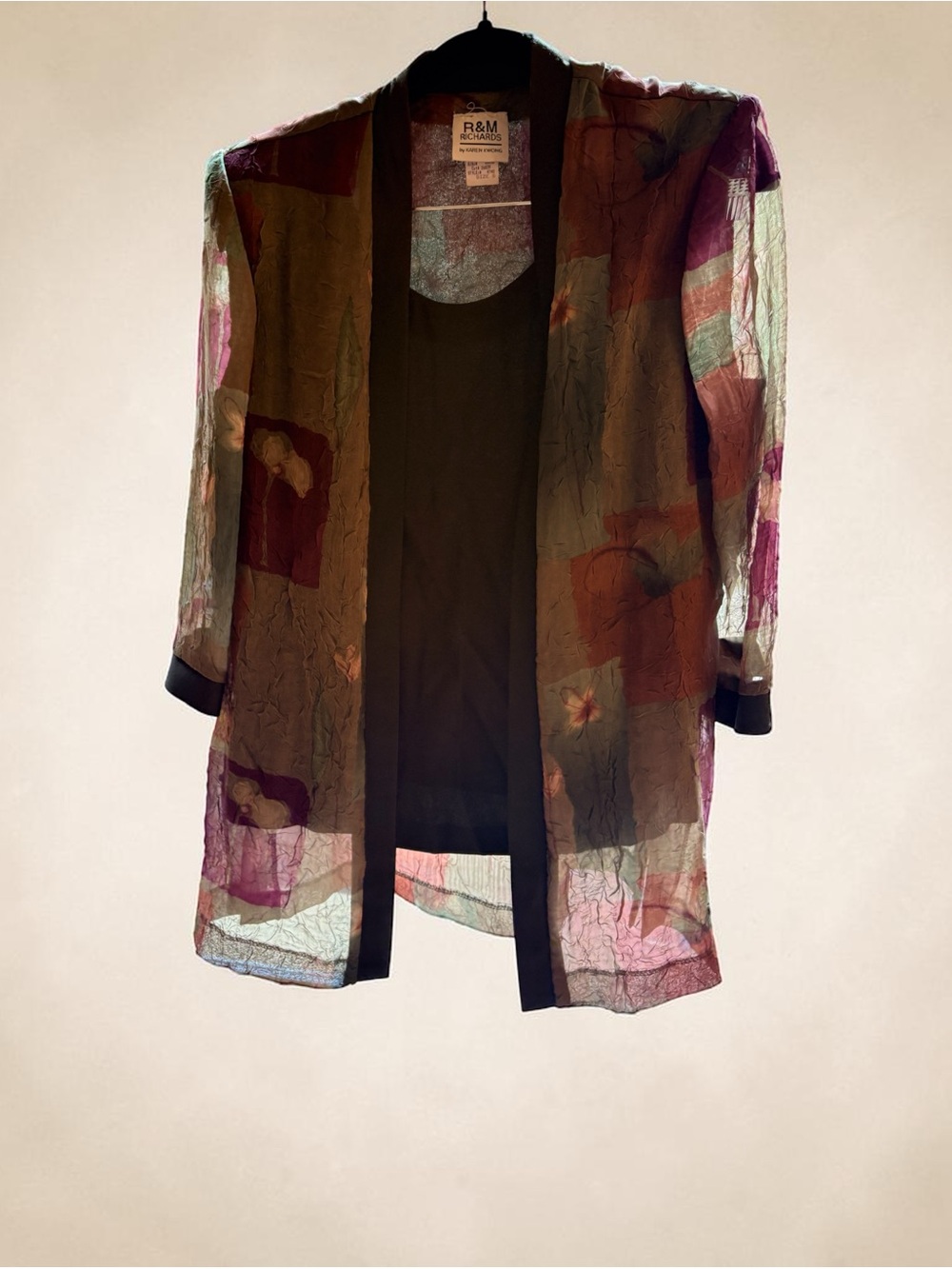 R&M Richards Sheer Mixed Media Overshirt.  Impressionist Floral Built In Tank.